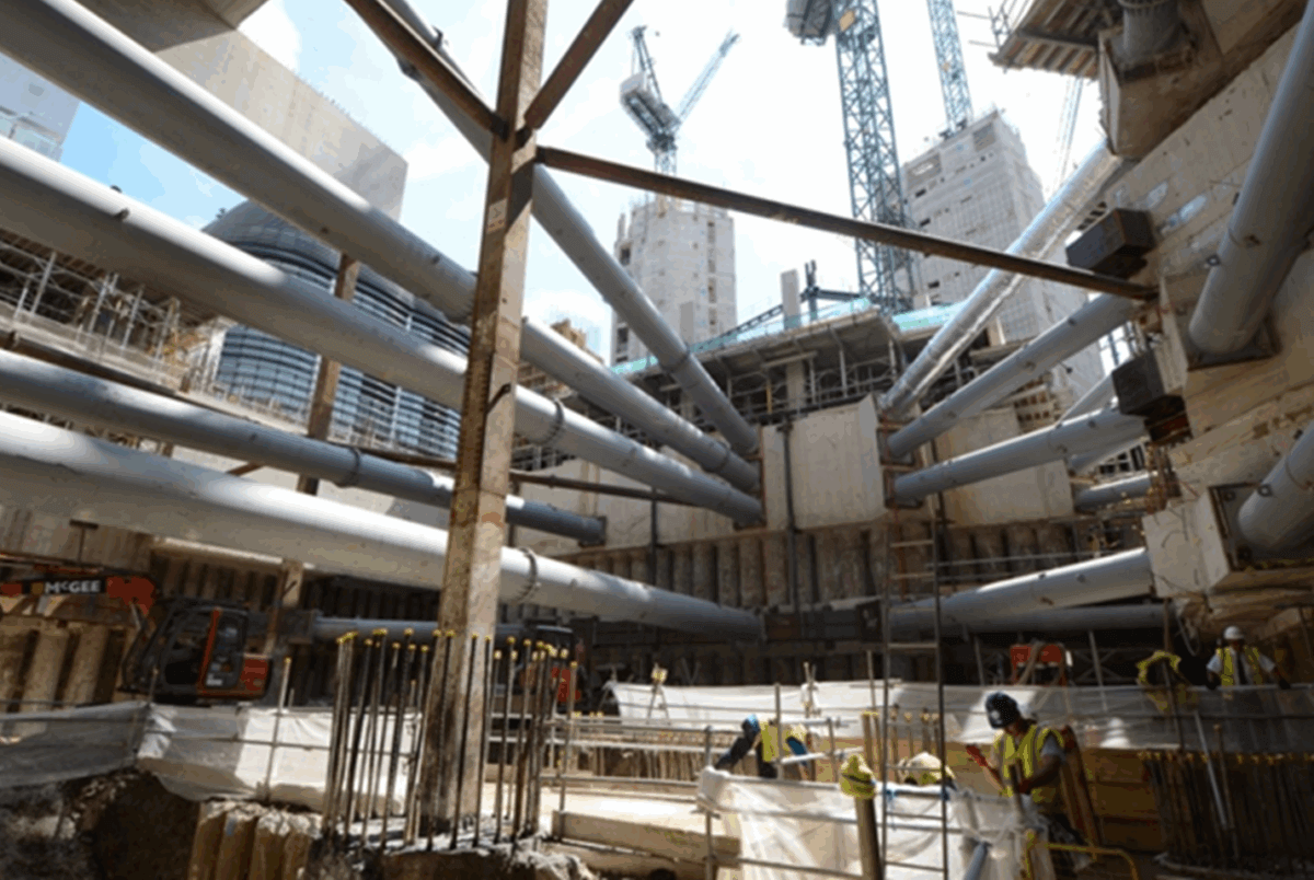 Foundations and pipes in a deep pit construction site